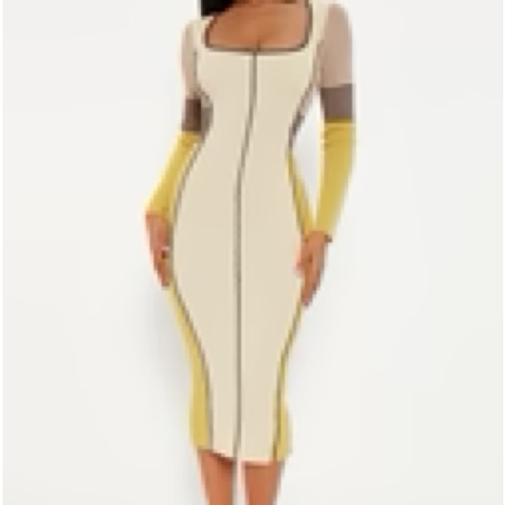 Fashion Nova Cream Tan Bodycon Midi Dress